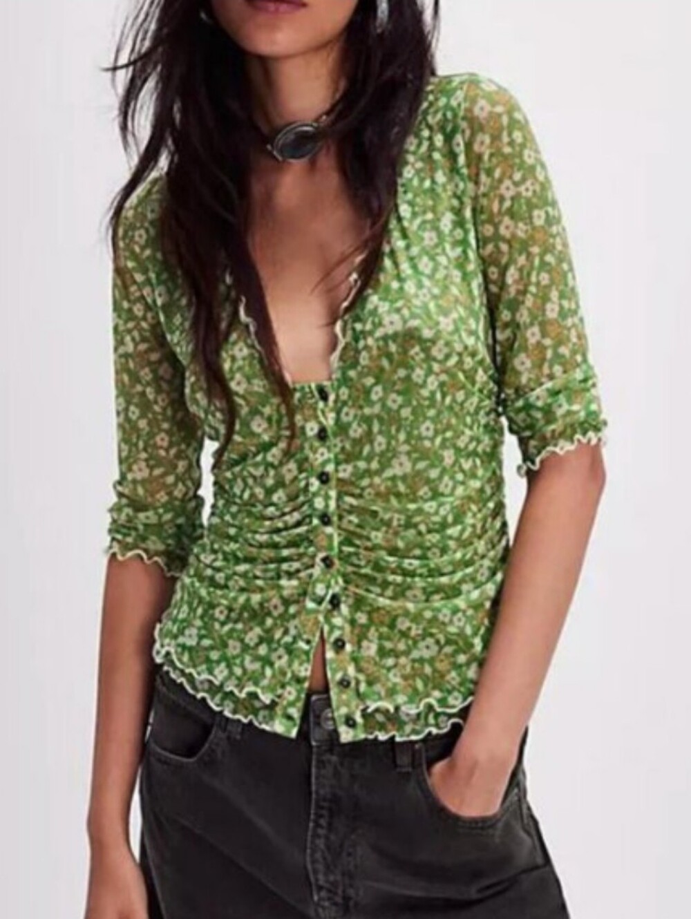 💚FP Cowgirl Tango Ditsy Floral Slinky Mesh Lettuce Trim Fairy Top
